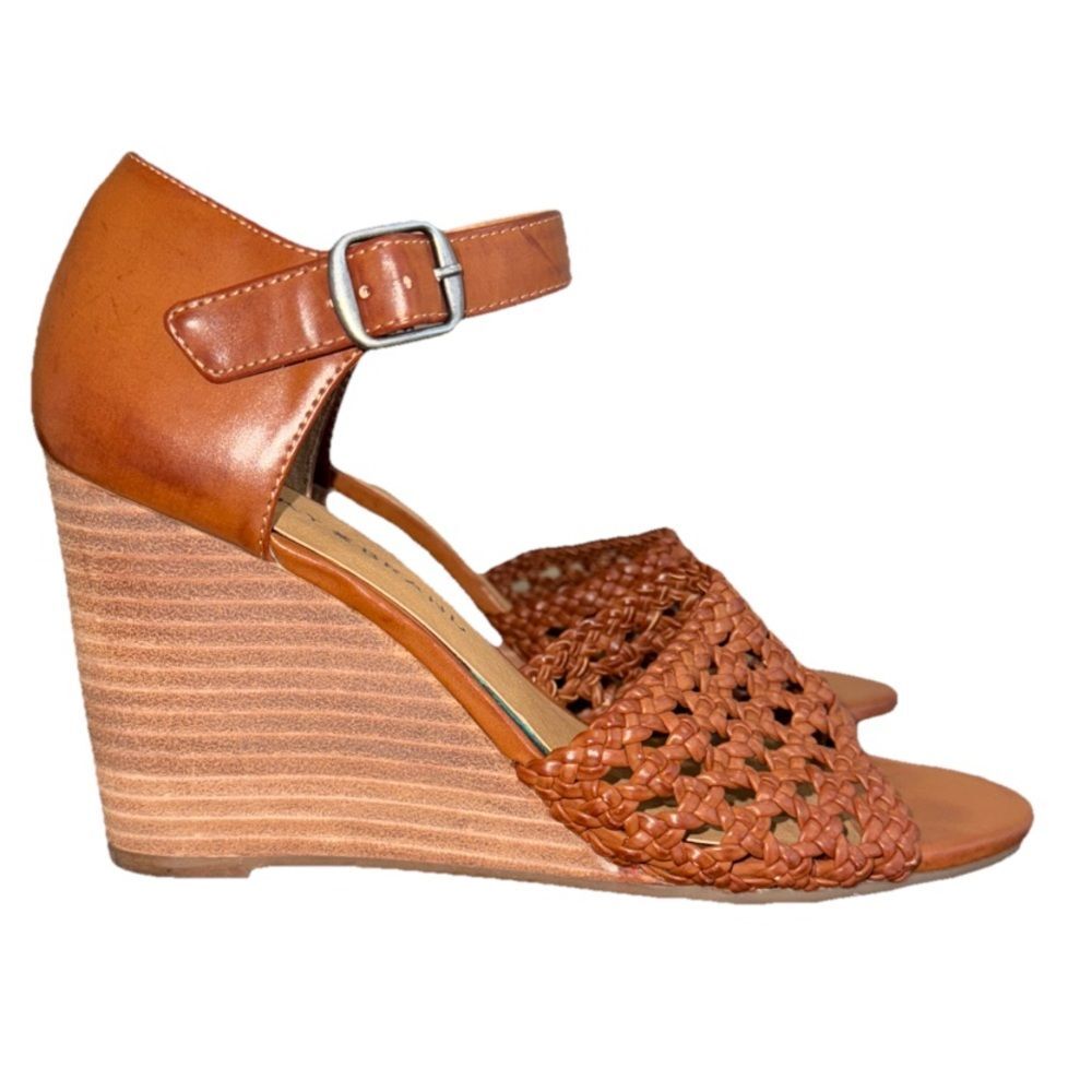 LUCKY WEDGE SANDALS ANKLE STRAP WOVEN SHOES TOBACCO COGNAC WOMENS